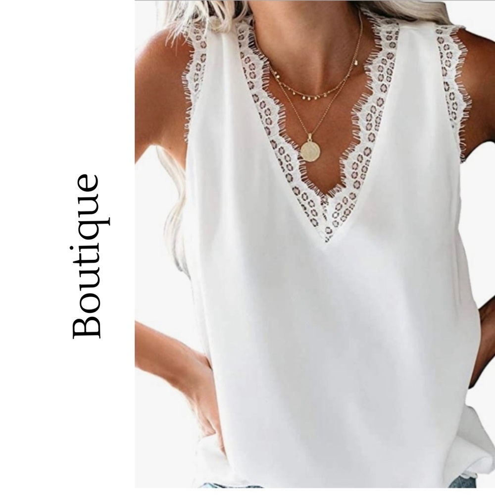⭐️3/12⭐️ White Lace Embellished Tank Top Blouse